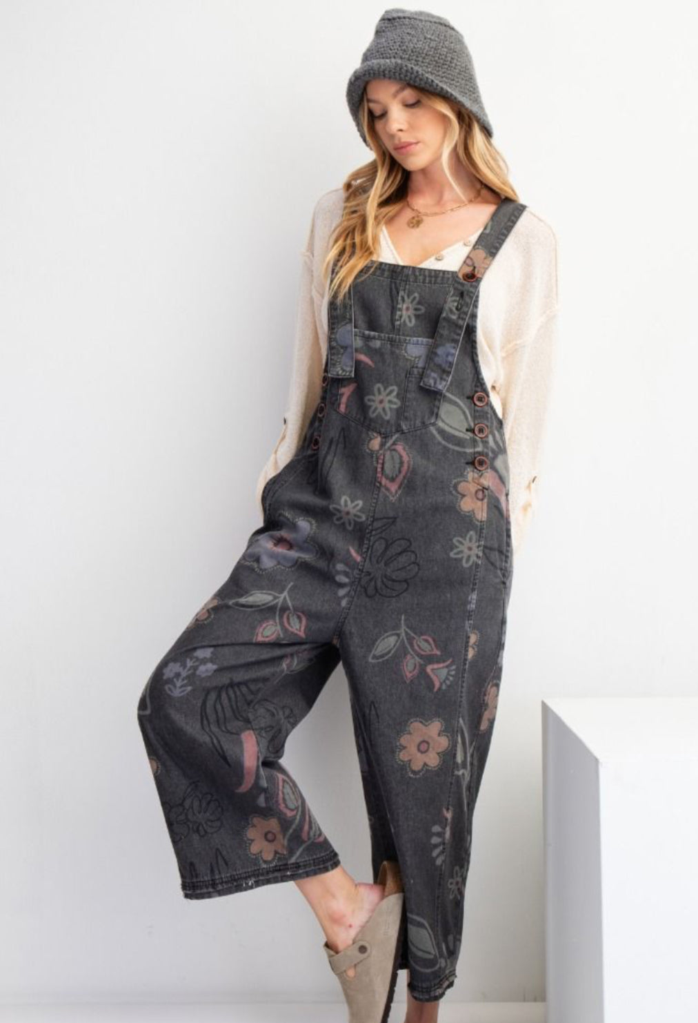 (Copy) Easel Black Denim Floral Overalls