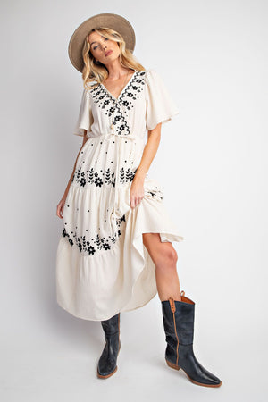 EMBROIDERED COTTON GAUZE TIERED MAXI DRESS