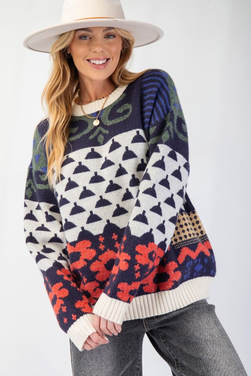 MULTI COLOR PATTERNED KNIT SWEATER PULLOVER