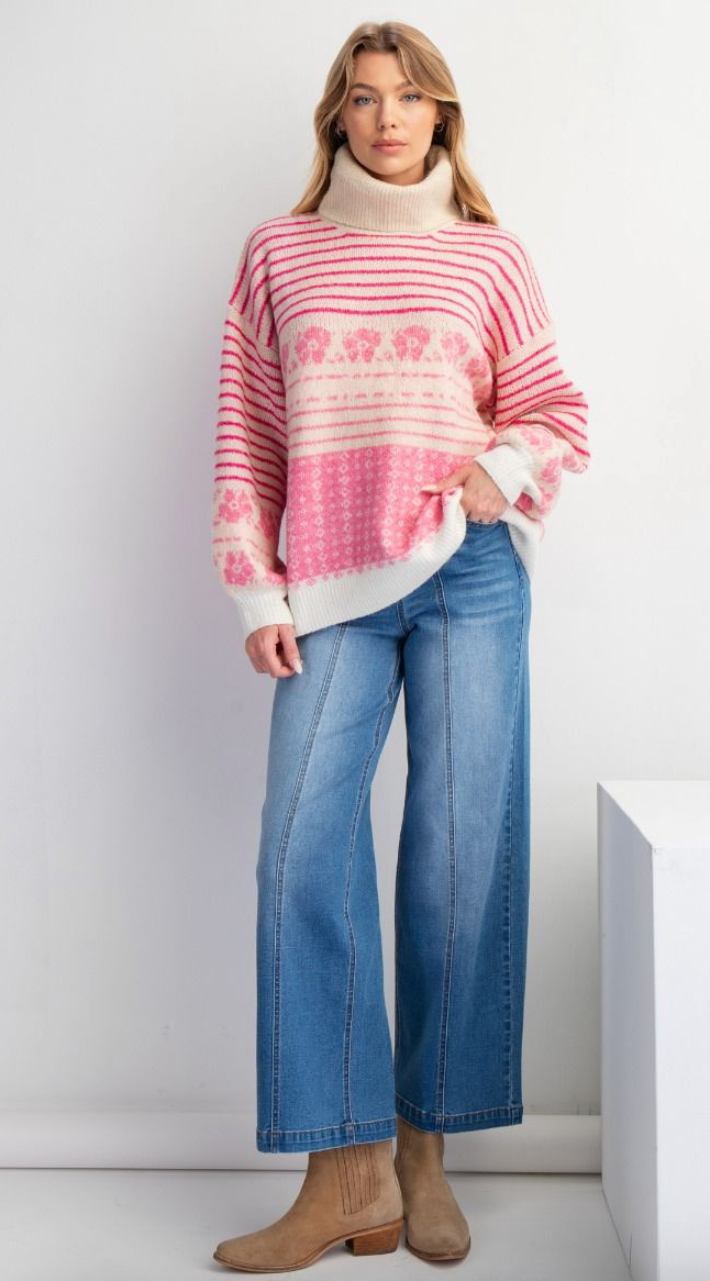 MULTI PATTERNED KNIT SWEATER PULLOVER- ROSE PINK